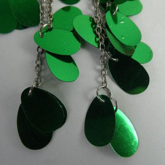 Silver Tone Green Rhinestone Tassel Dangle Chain Confetti Earrings Patrick's Day - Picture 4 of 6